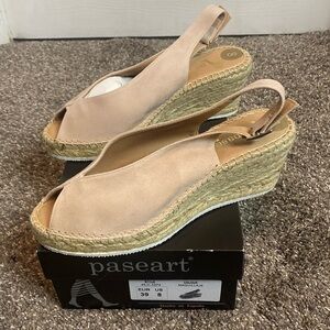 Paseart Espadrilles Slingback Wedge Sandal Pinkish Beige Suede Leather Sz 8 NIB